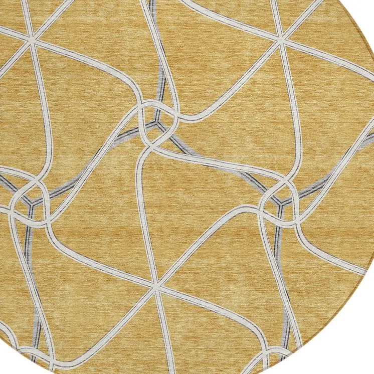 8' Gold And Ivory Round Geometric Washable Indoor Outdoor Area Rug