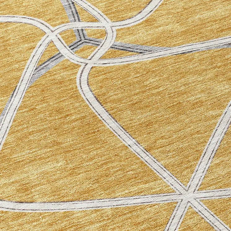 8' Gold And Ivory Round Geometric Washable Indoor Outdoor Area Rug