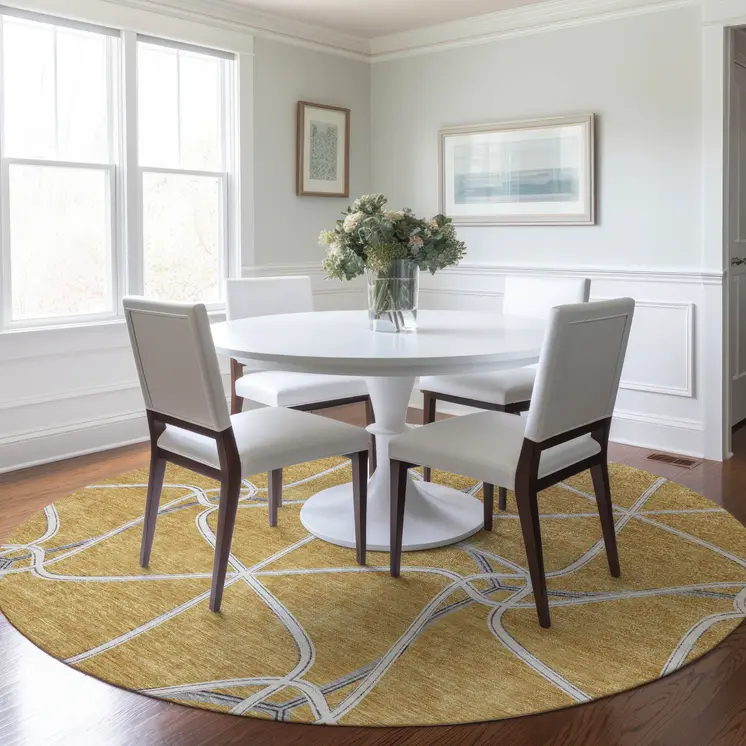 8' Gold And Ivory Round Geometric Washable Indoor Outdoor Area Rug