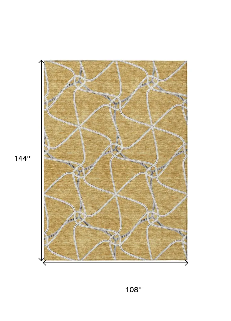 9' X 12' Gold And Ivory Geometric Washable Indoor Outdoor Area Rug