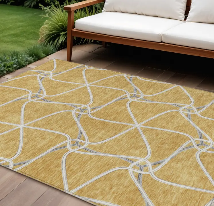 9' X 12' Gold And Ivory Geometric Washable Indoor Outdoor Area Rug
