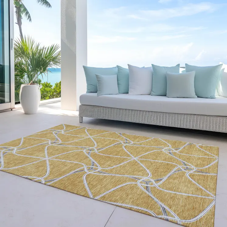 9' X 12' Gold And Ivory Geometric Washable Indoor Outdoor Area Rug