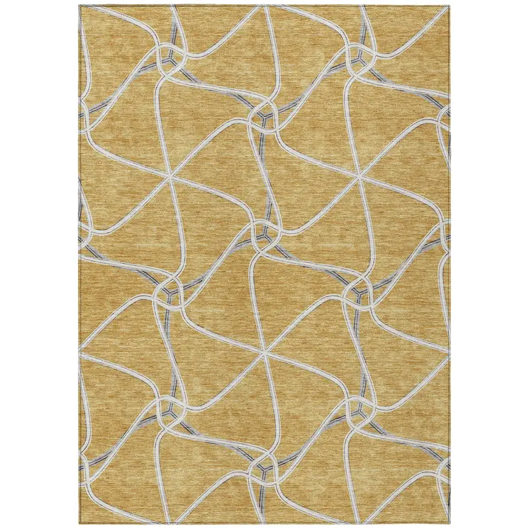 9' X 12' Gold And Ivory Geometric Washable Indoor Outdoor Area Rug