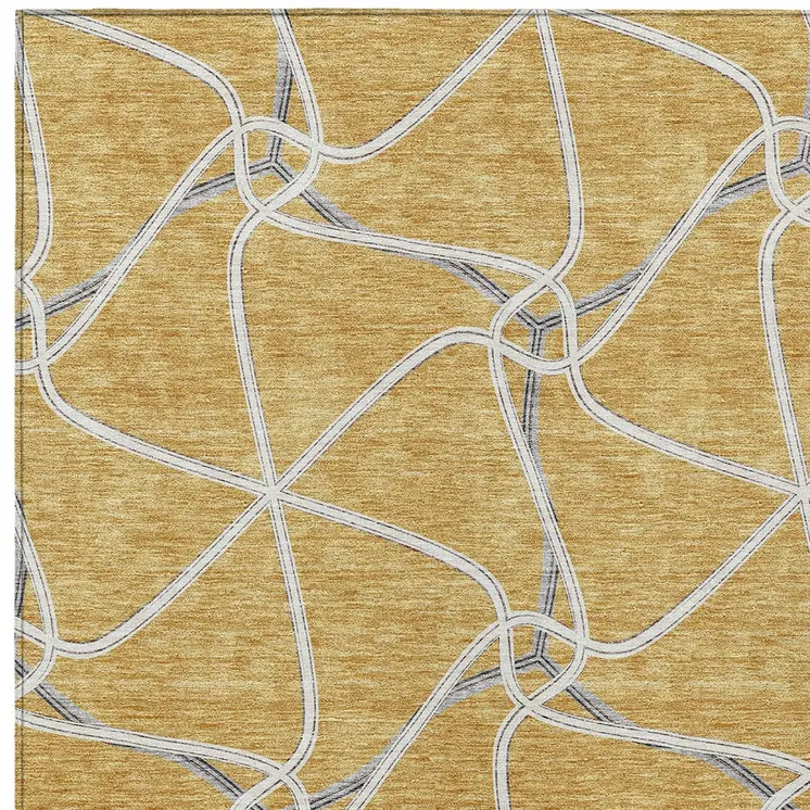 9' X 12' Gold And Ivory Geometric Washable Indoor Outdoor Area Rug