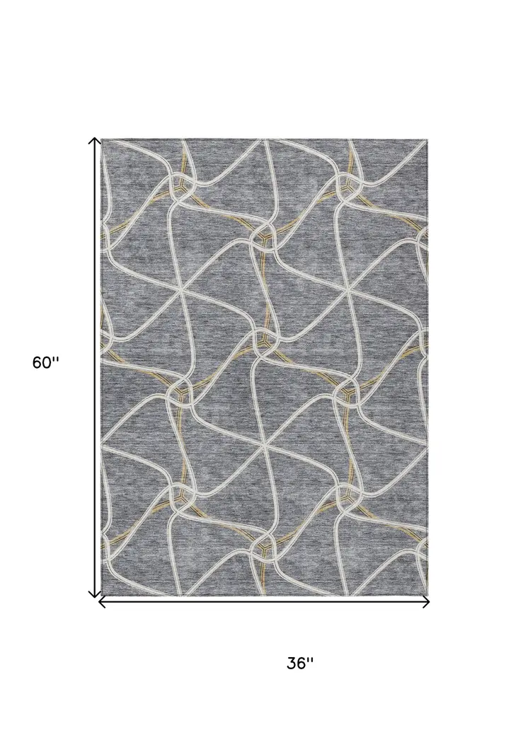 3' X 5' Gray And Ivory Geometric Washable Indoor Outdoor Area Rug