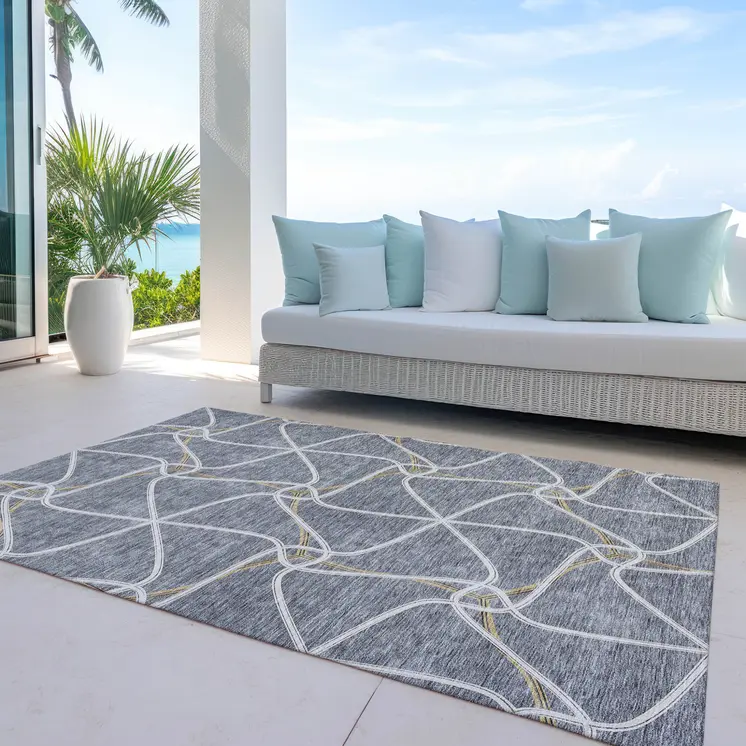 3' X 5' Gray And Ivory Geometric Washable Indoor Outdoor Area Rug