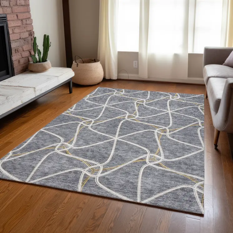 3' X 5' Gray And Ivory Geometric Washable Indoor Outdoor Area Rug