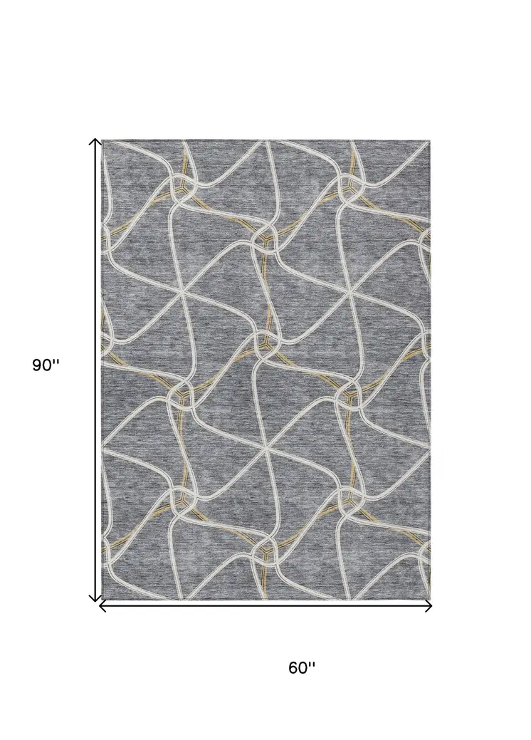5' X 8' Gray And Ivory Geometric Washable Indoor Outdoor Area Rug
