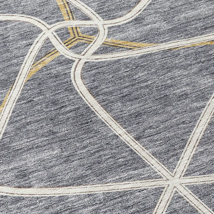 8' Gray And Ivory Round Geometric Washable Indoor Outdoor Area Rug