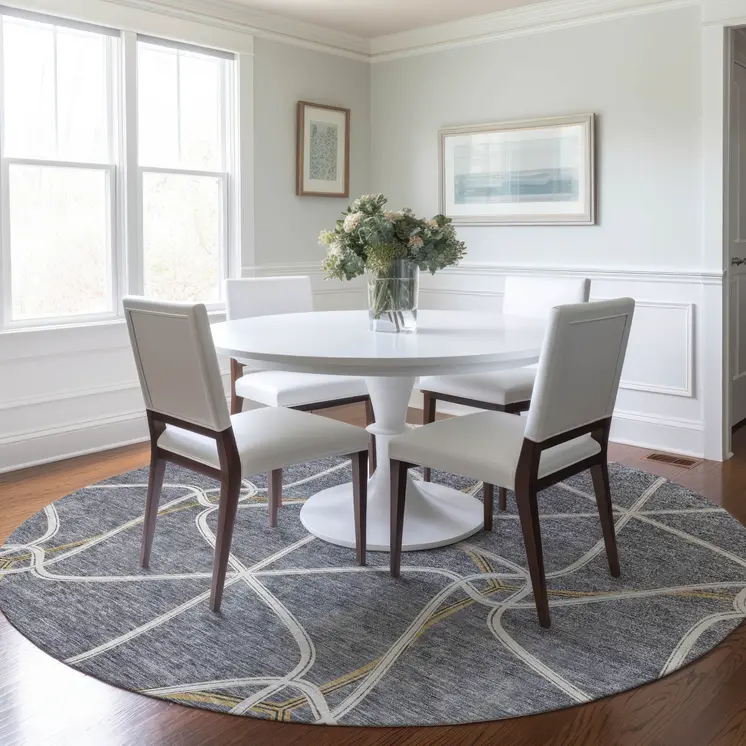 8' Gray And Ivory Round Geometric Washable Indoor Outdoor Area Rug