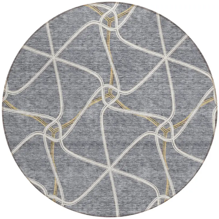 8' Gray And Ivory Round Geometric Washable Indoor Outdoor Area Rug