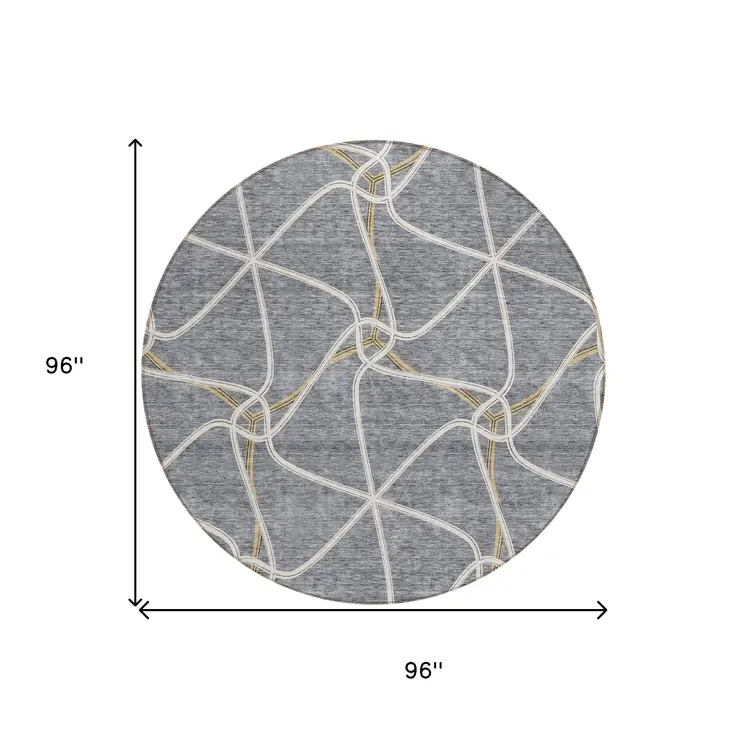 8' Gray And Ivory Round Geometric Washable Indoor Outdoor Area Rug
