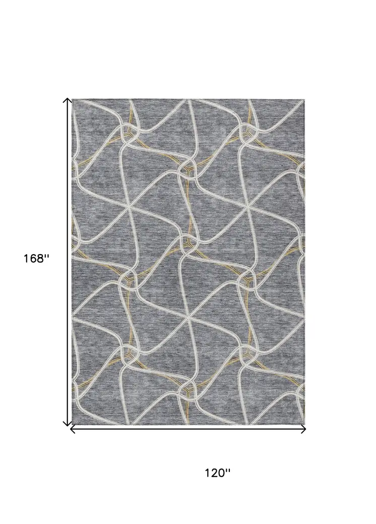10' X 14' Gray And Ivory Geometric Washable Indoor Outdoor Area Rug