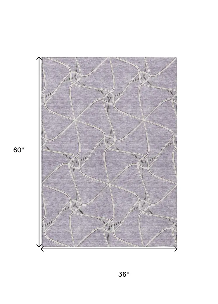 3' X 5' Lavender And Ivory Geometric Washable Indoor Outdoor Area Rug