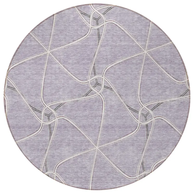 8' Lavender And Ivory Round Geometric Washable Indoor Outdoor Area Rug