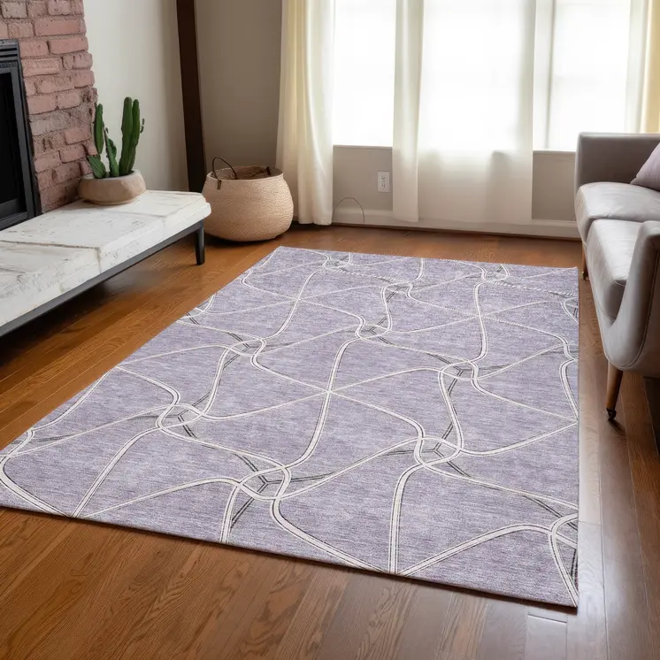 9' X 12' Lavender And Ivory Geometric Washable Indoor Outdoor Area Rug
