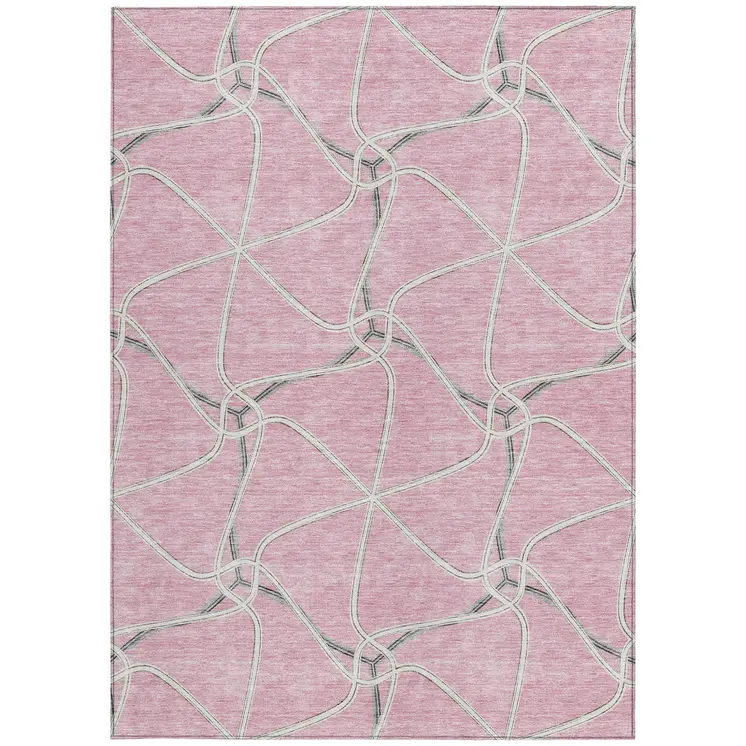 3' X 5' Pink And Ivory Geometric Washable Indoor Outdoor Area Rug