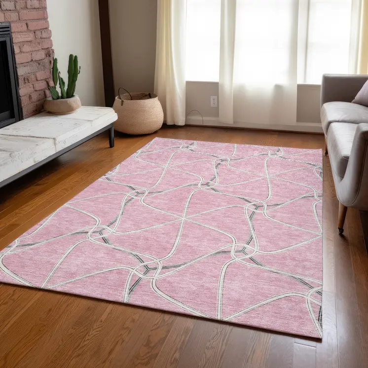 3' X 5' Pink And Ivory Geometric Washable Indoor Outdoor Area Rug