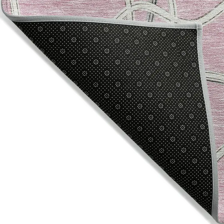 8' Pink And Ivory Round Geometric Washable Indoor Outdoor Area Rug
