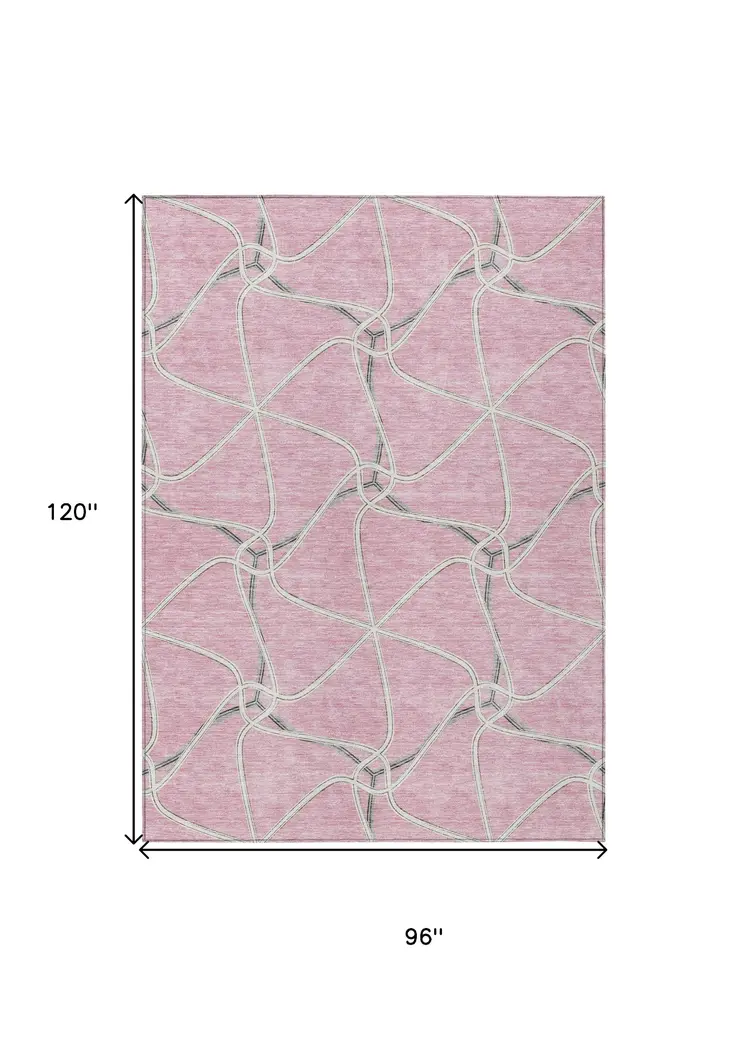 8' X 10' Pink And Ivory Geometric Washable Indoor Outdoor Area Rug