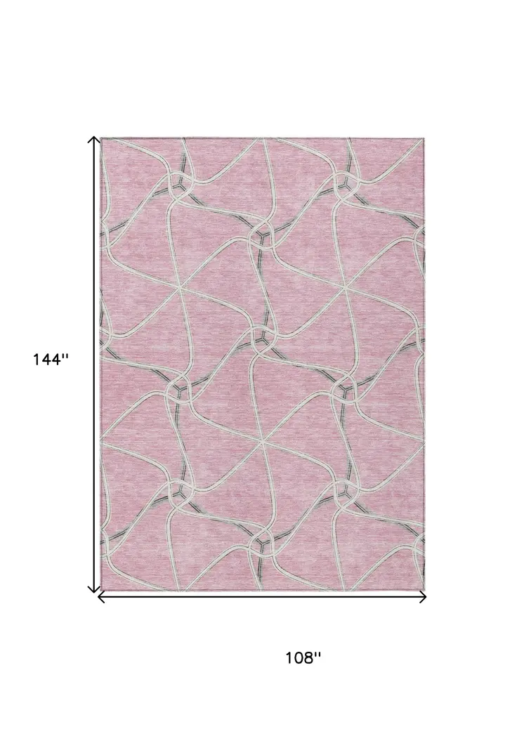9' X 12' Pink And Ivory Geometric Washable Indoor Outdoor Area Rug