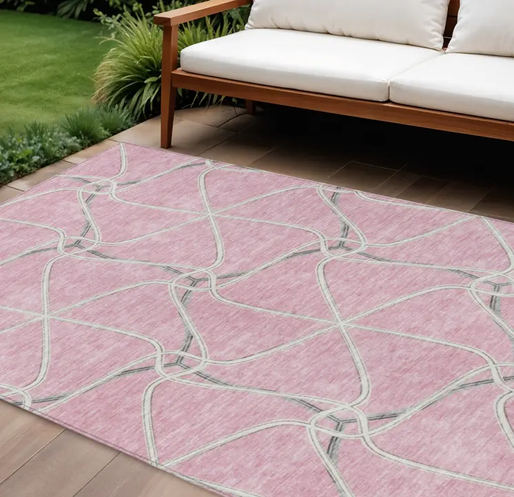 9' X 12' Pink And Ivory Geometric Washable Indoor Outdoor Area Rug