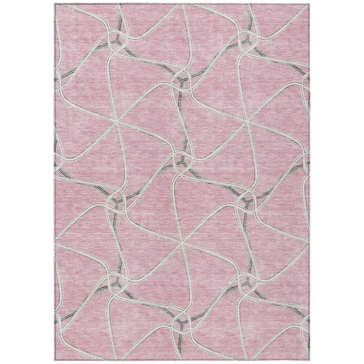 9' X 12' Pink And Ivory Geometric Washable Indoor Outdoor Area Rug