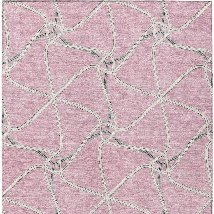 10' X 14' Pink And Ivory Geometric Washable Indoor Outdoor Area Rug