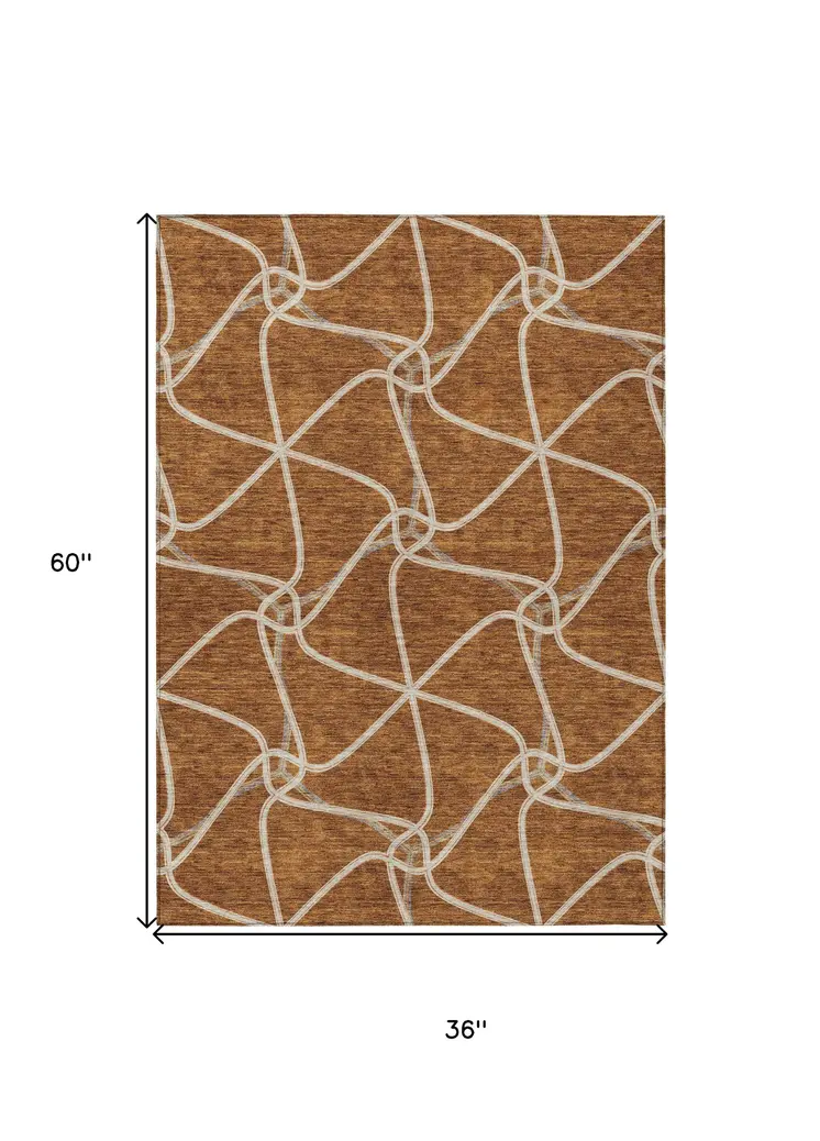 3' X 5' Orange And Ivory Geometric Washable Indoor Outdoor Area Rug