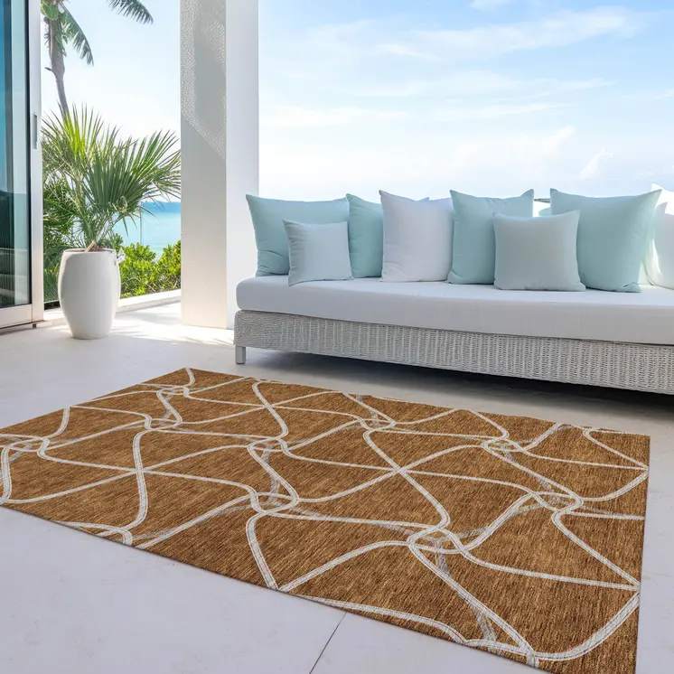 3' X 5' Orange And Ivory Geometric Washable Indoor Outdoor Area Rug