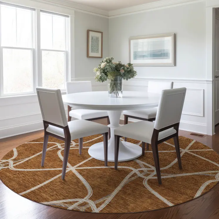 8' Orange And Ivory Round Geometric Washable Indoor Outdoor Area Rug