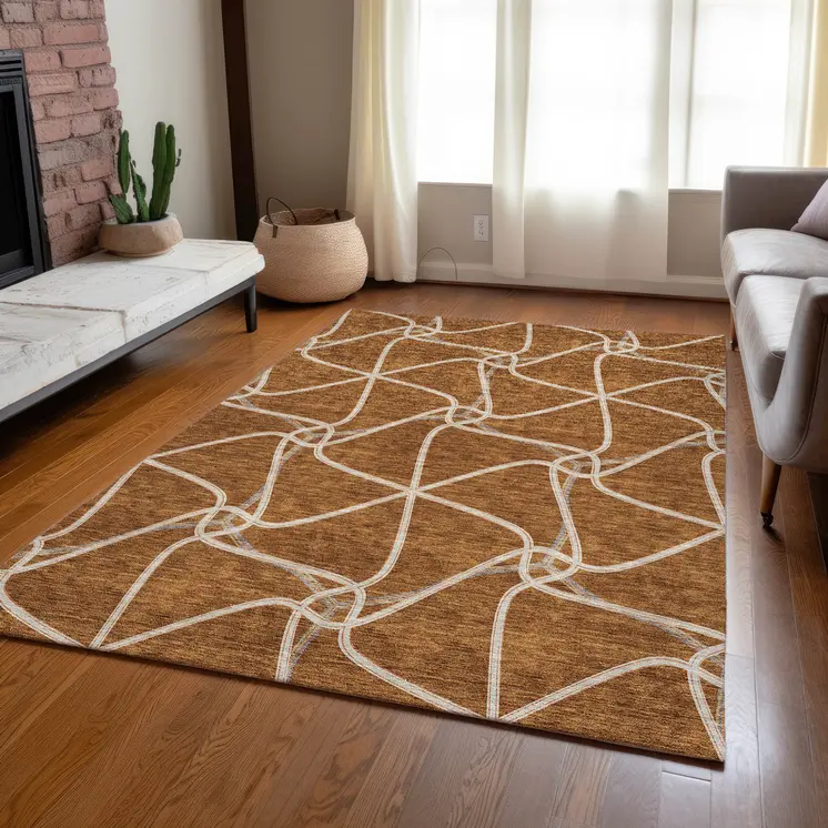 8' X 10' Orange And Ivory Geometric Washable Indoor Outdoor Area Rug