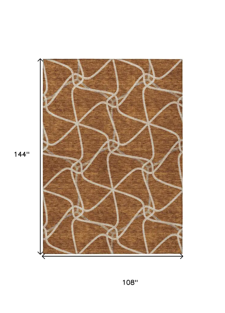 9' X 12' Orange And Ivory Geometric Washable Indoor Outdoor Area Rug