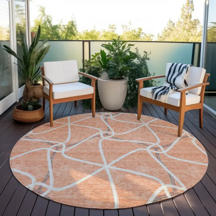8' Salmon And Ivory Round Geometric Washable Indoor Outdoor Area Rug