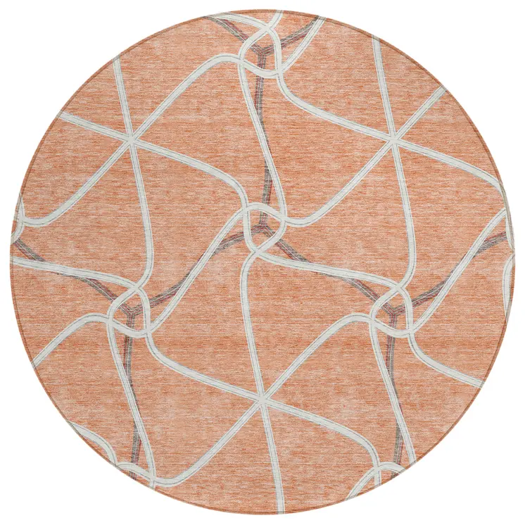 8' Salmon And Ivory Round Geometric Washable Indoor Outdoor Area Rug