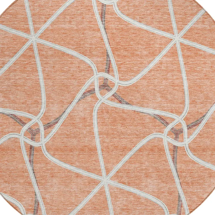 8' Salmon And Ivory Round Geometric Washable Indoor Outdoor Area Rug