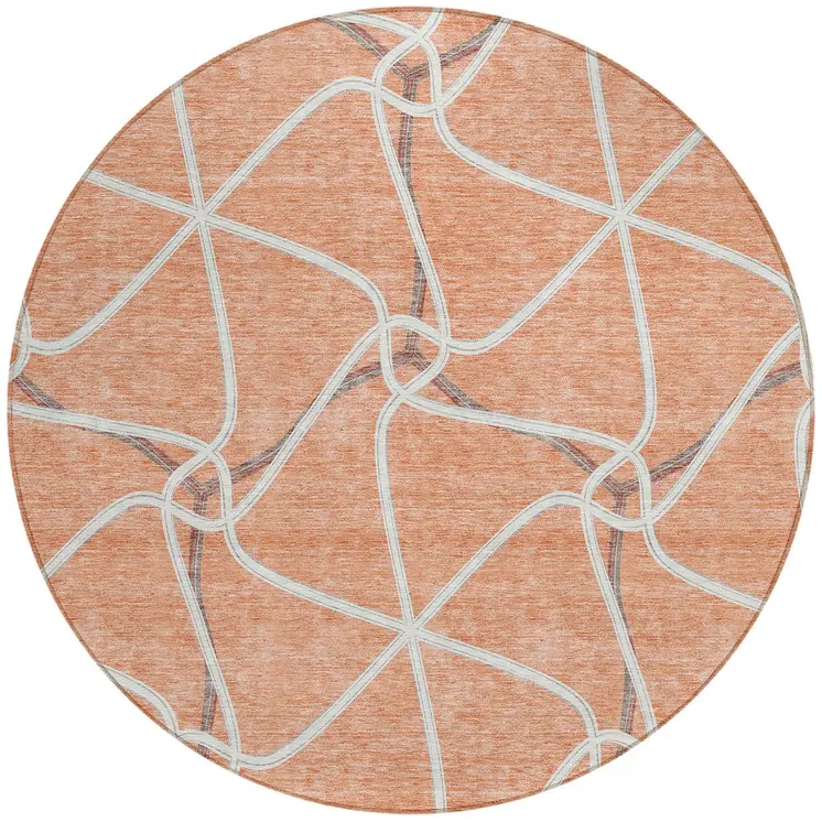 8' Salmon And Ivory Round Geometric Washable Indoor Outdoor Area Rug