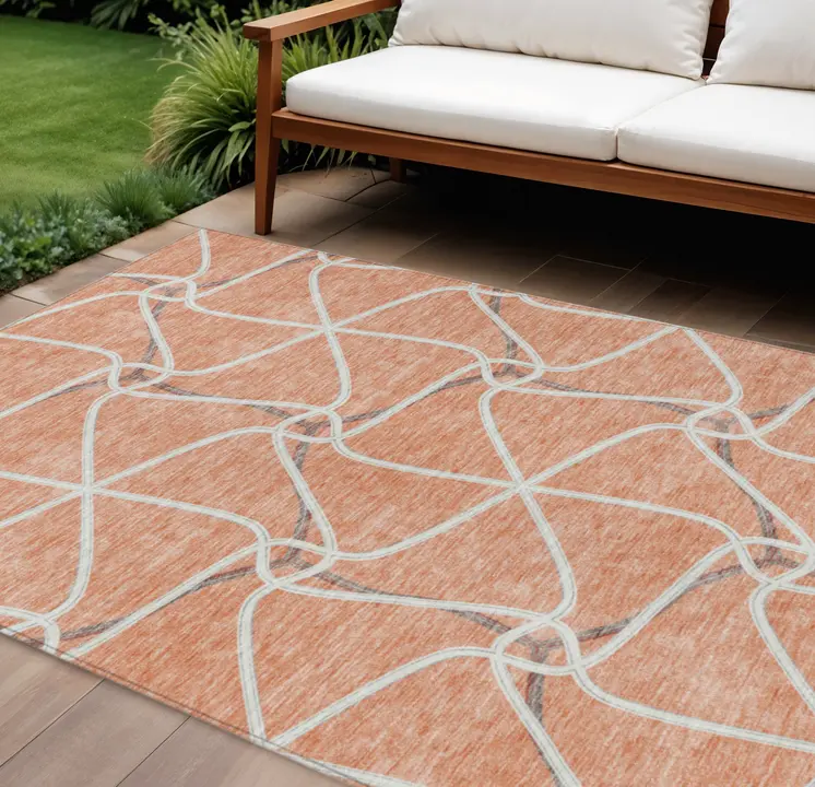 8' X 10' Salmon And Ivory Geometric Washable Indoor Outdoor Area Rug