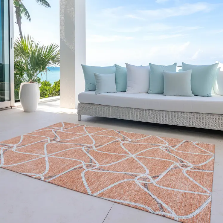 8' X 10' Salmon And Ivory Geometric Washable Indoor Outdoor Area Rug