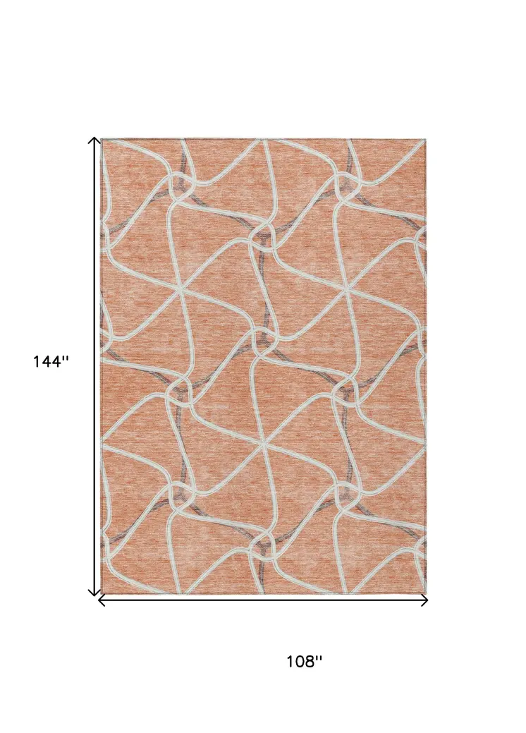 9' X 12' Salmon And Ivory Geometric Washable Indoor Outdoor Area Rug
