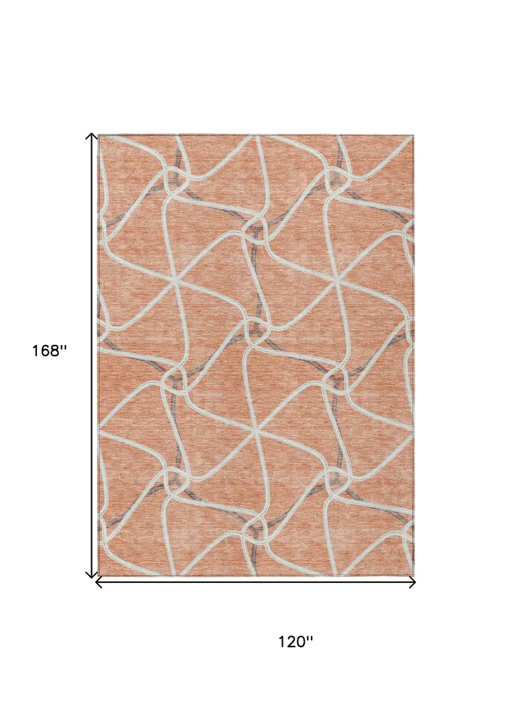 10' X 14' Salmon And Ivory Geometric Washable Indoor Outdoor Area Rug