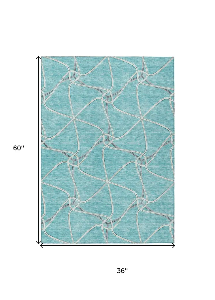 3' X 5' Teal Blue And Ivory Geometric Washable Indoor Outdoor Area Rug