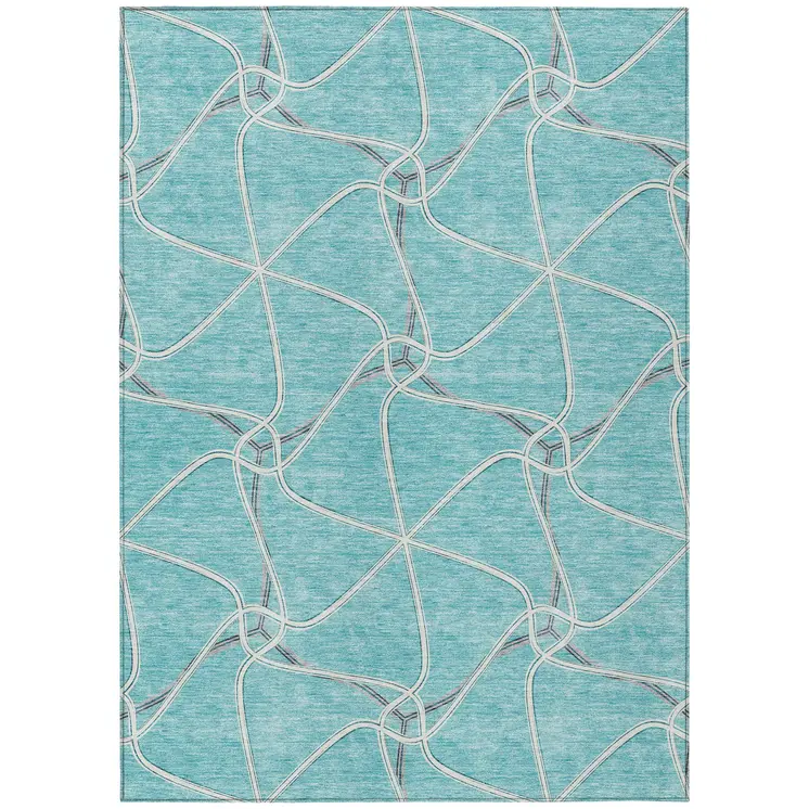 3' X 5' Teal Blue And Ivory Geometric Washable Indoor Outdoor Area Rug