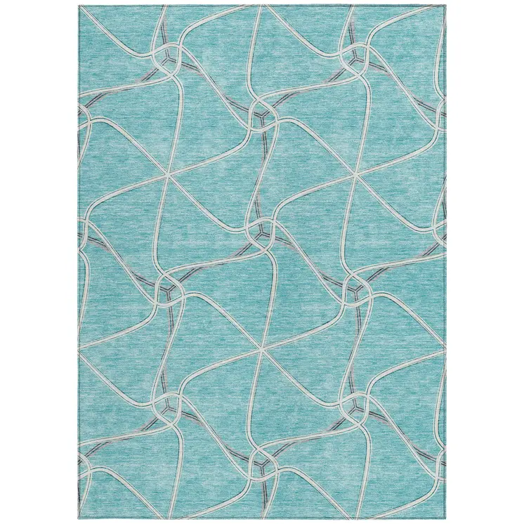 5' X 8' Teal Blue And Ivory Geometric Washable Indoor Outdoor Area Rug
