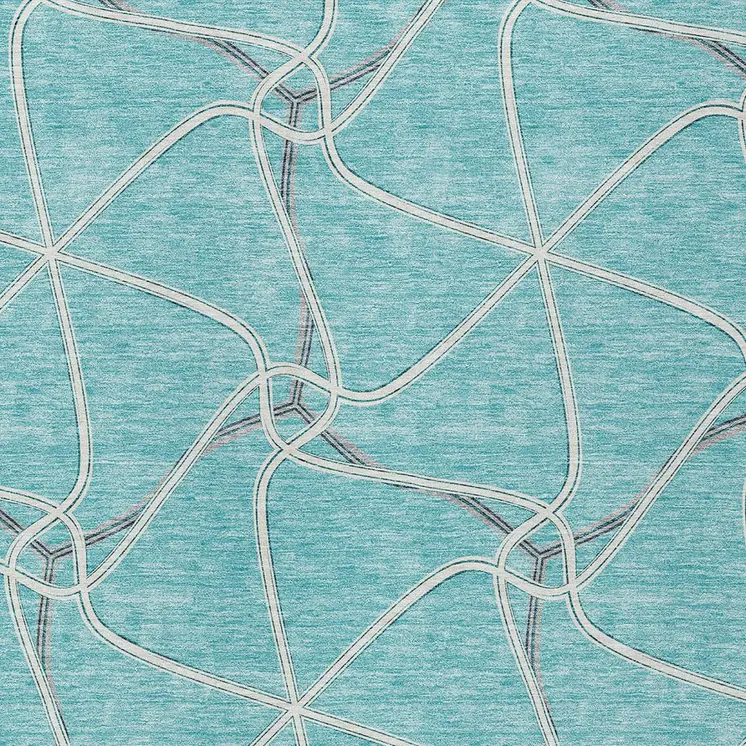 5' X 8' Teal Blue And Ivory Geometric Washable Indoor Outdoor Area Rug