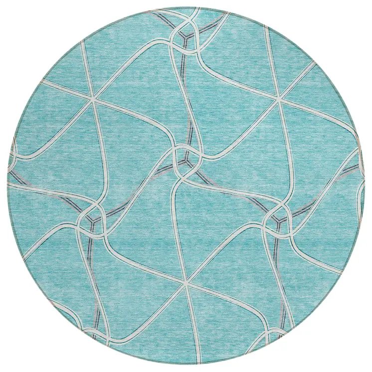 8' Teal Blue And Ivory Round Geometric Washable Indoor Outdoor Area Rug