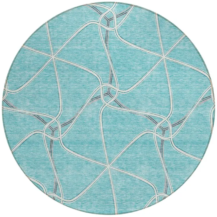 8' Teal Blue And Ivory Round Geometric Washable Indoor Outdoor Area Rug