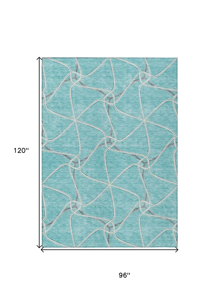 8' X 10' Teal Blue And Ivory Geometric Washable Indoor Outdoor Area Rug