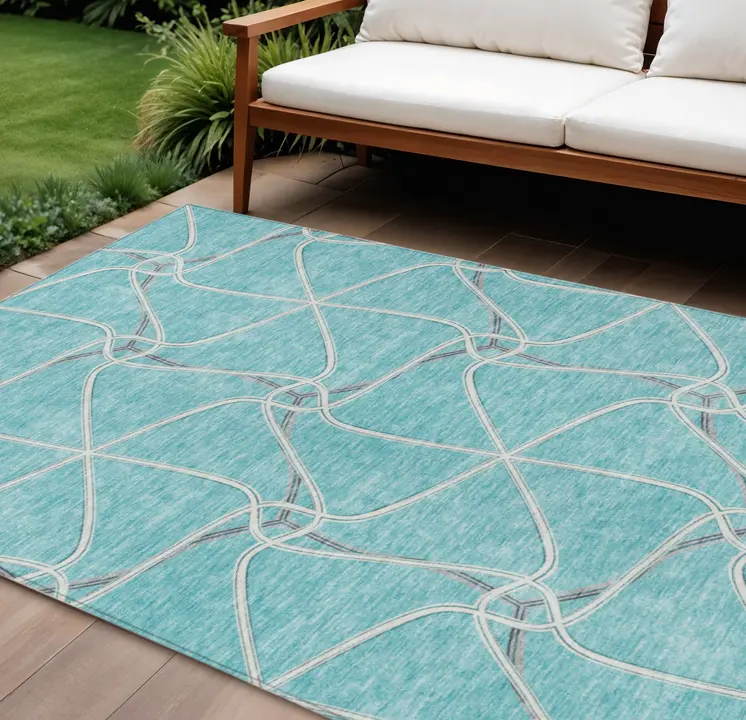 8' X 10' Teal Blue And Ivory Geometric Washable Indoor Outdoor Area Rug