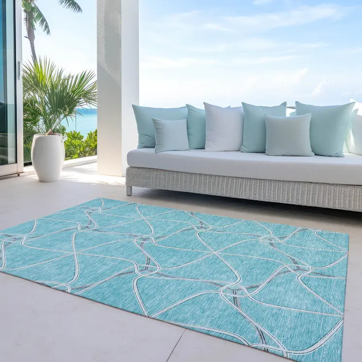 8' X 10' Teal Blue And Ivory Geometric Washable Indoor Outdoor Area Rug